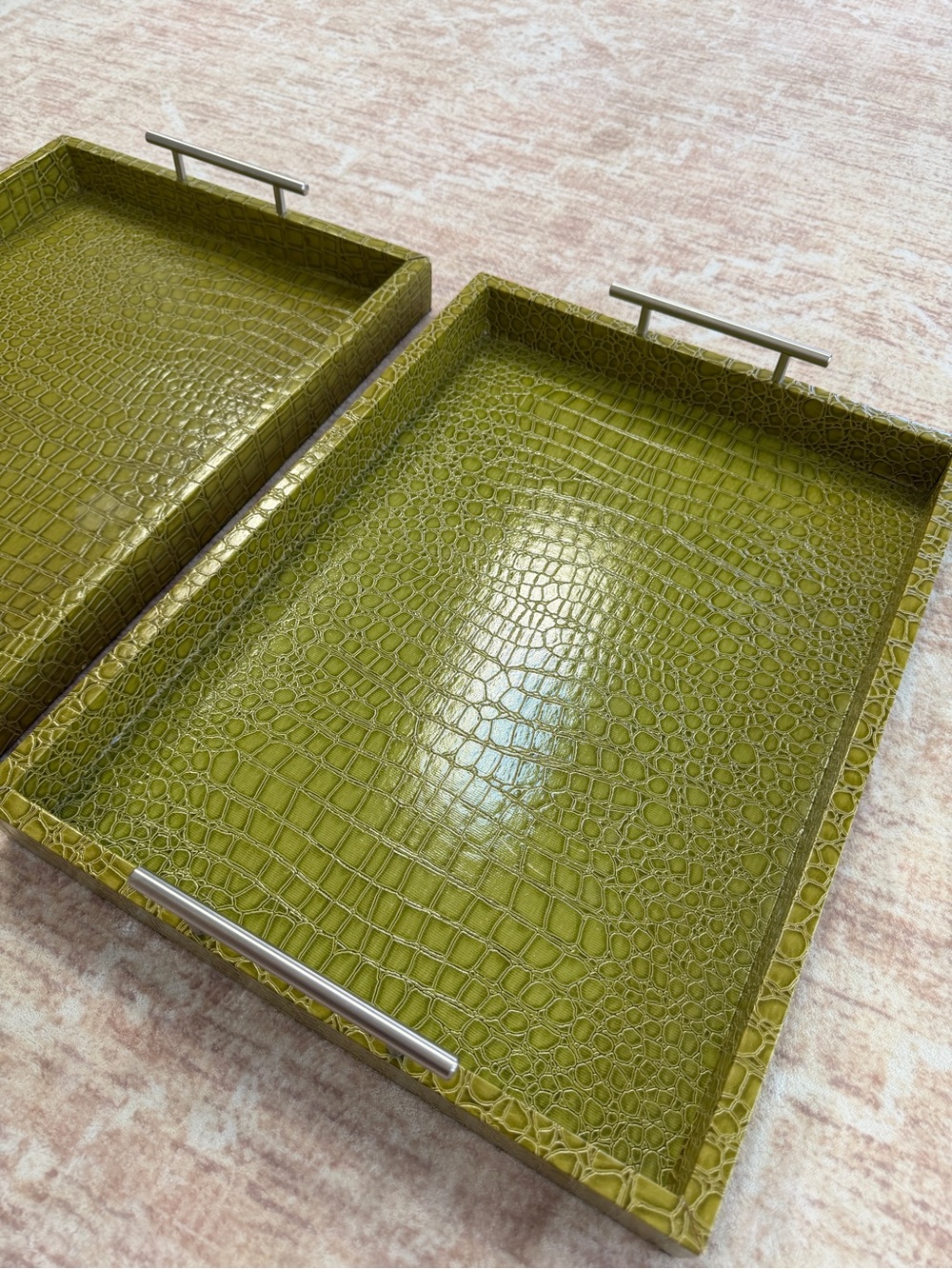 Set of 2 Green Faux Crocodile Leather Serving Trays with Silver Handles